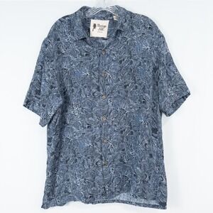 Vintage Silk Circa 1969 Silk Linen Blend Blue Floral Hawaiian Camp Shirt Large